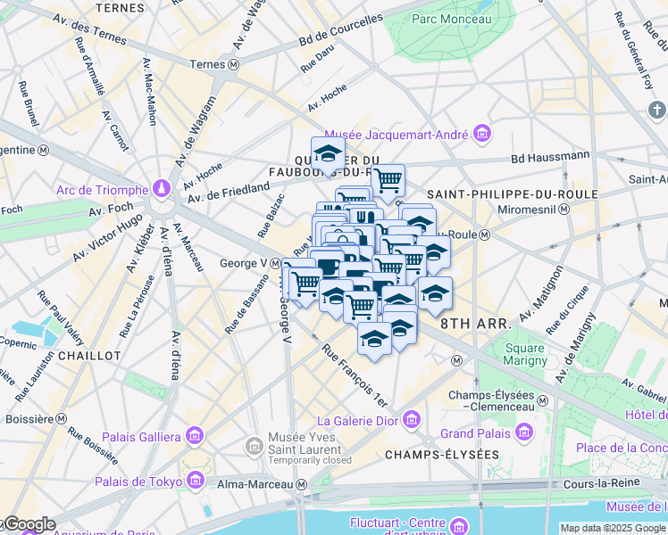 map of restaurants, bars, coffee shops, grocery stores, and more near 92 Champs-Élysées in Paris