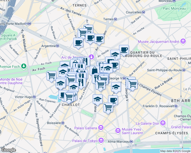 map of restaurants, bars, coffee shops, grocery stores, and more near 96 Avenue d'Iéna in Paris