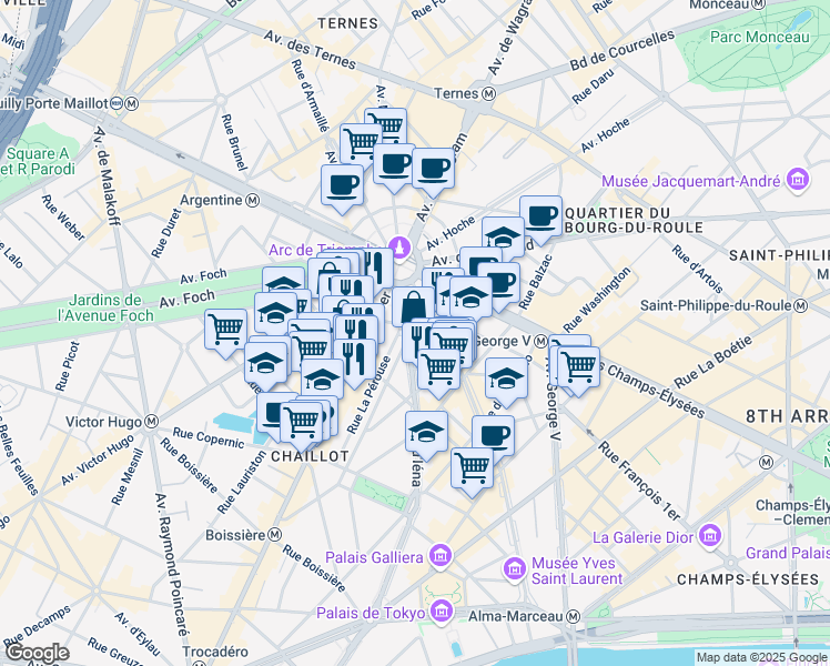 map of restaurants, bars, coffee shops, grocery stores, and more near 96 Avenue d'Iéna in Paris