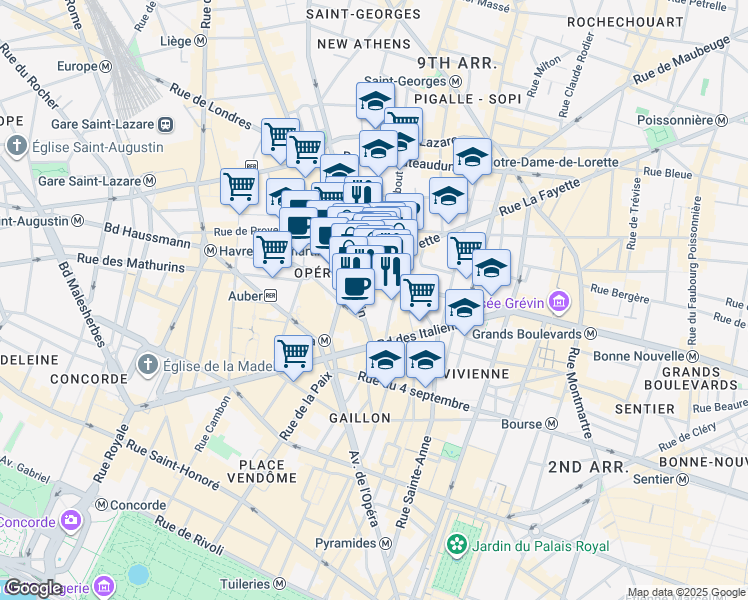 map of restaurants, bars, coffee shops, grocery stores, and more near 23 Boulevard Haussmann in Paris