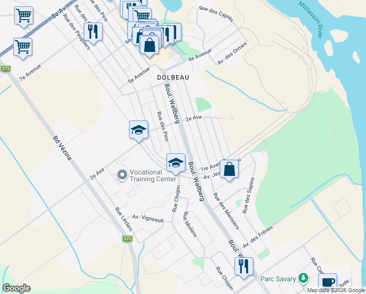 map of restaurants, bars, coffee shops, grocery stores, and more near 763 Boulevard Wallberg in Dolbeau-Mistassini