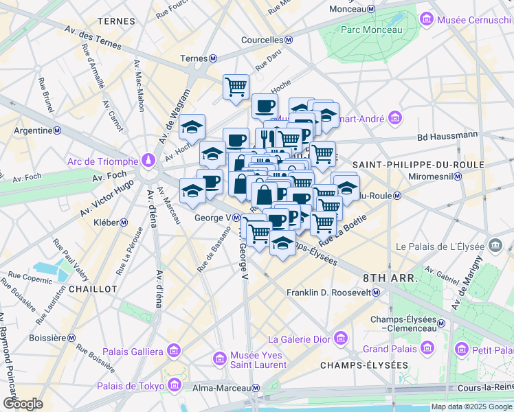 map of restaurants, bars, coffee shops, grocery stores, and more near 10 Rue Washington in Paris