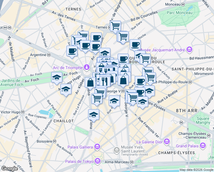 map of restaurants, bars, coffee shops, grocery stores, and more near 123 Avenue des Champs-Élysées in Paris