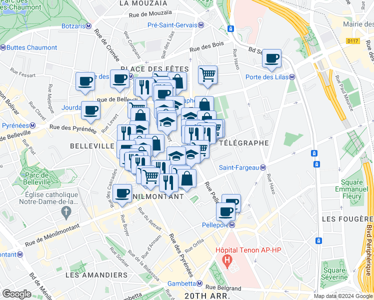 map of restaurants, bars, coffee shops, grocery stores, and more near 131 Rue Pelleport in Paris