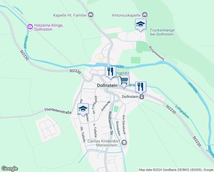 map of restaurants, bars, coffee shops, grocery stores, and more near in Dollnstein