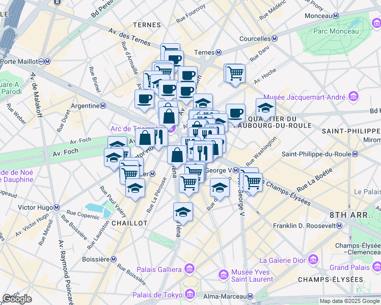 map of restaurants, bars, coffee shops, grocery stores, and more near 2 Rue de Presbourg in Paris