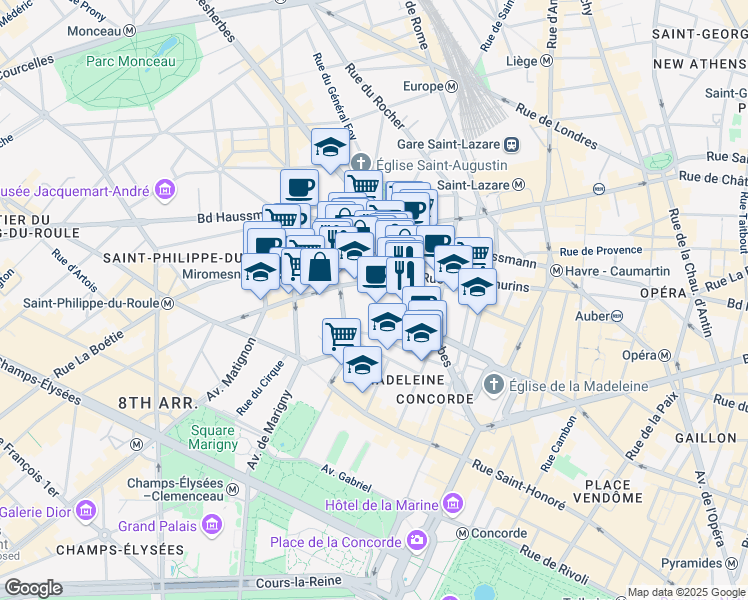 map of restaurants, bars, coffee shops, grocery stores, and more near 11 Rue d'Astorg in Paris