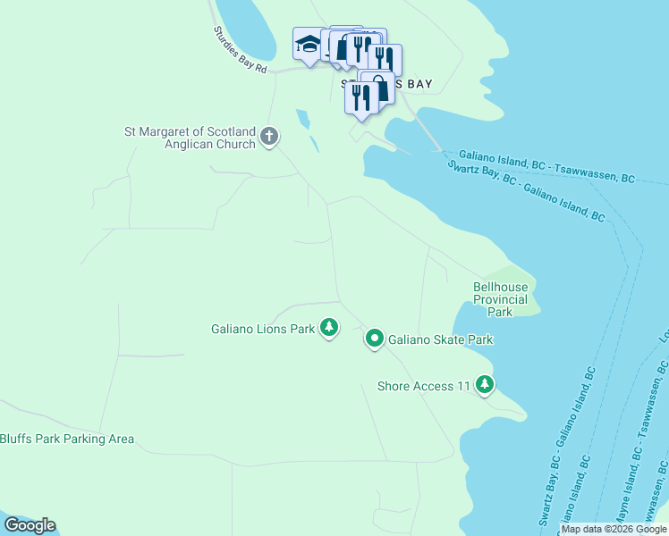 map of restaurants, bars, coffee shops, grocery stores, and more near 785 Burrill Road in Mayne Island
