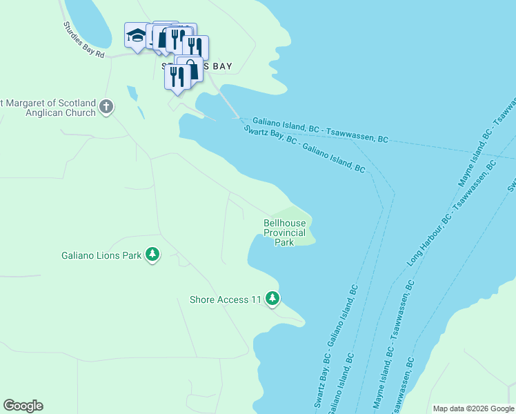 map of restaurants, bars, coffee shops, grocery stores, and more near 227 Bellhouse Road in Mayne Island