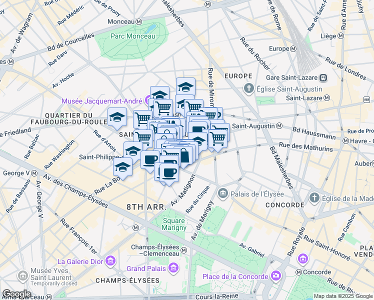 map of restaurants, bars, coffee shops, grocery stores, and more near 49 Rue La Boétie in Paris