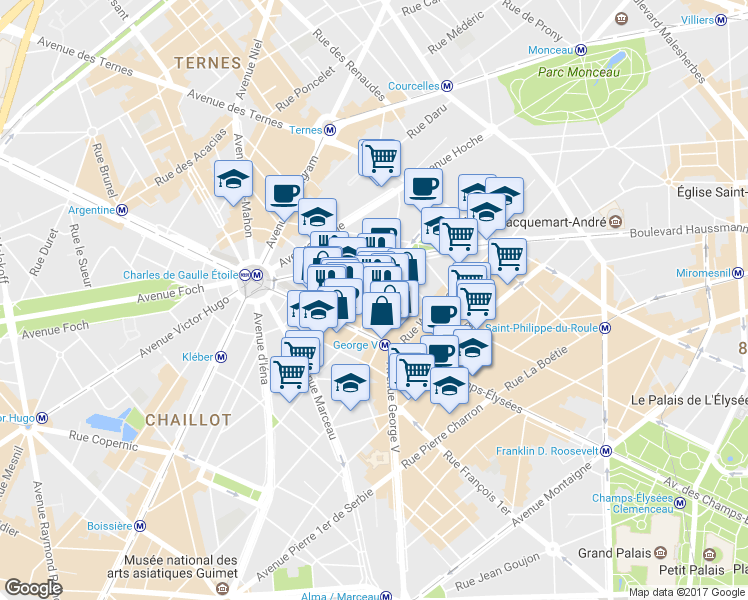 map of restaurants, bars, coffee shops, grocery stores, and more near 8 Rue Lord Byron in Paris