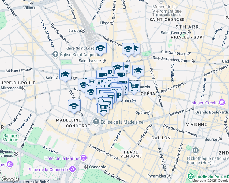 map of restaurants, bars, coffee shops, grocery stores, and more near 34 Rue Tronchet in Paris