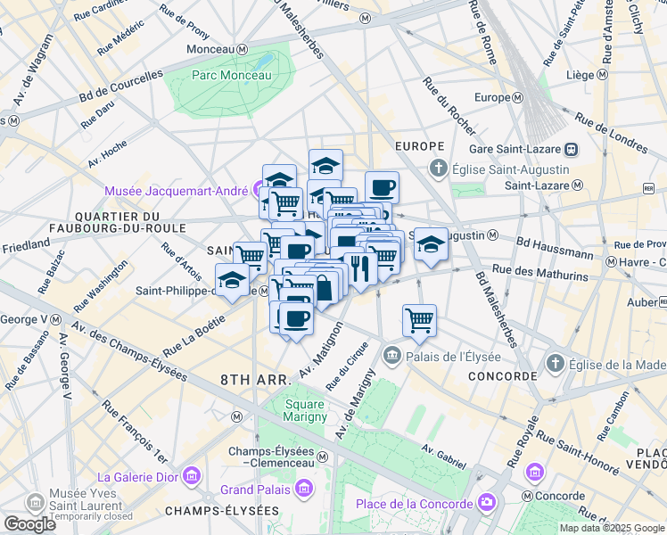 map of restaurants, bars, coffee shops, grocery stores, and more near 49 Rue La Boétie in Paris