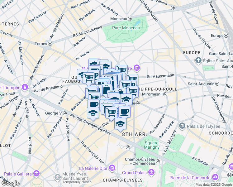 map of restaurants, bars, coffee shops, grocery stores, and more near 137 Rue du Faubourg Saint-Honoré in Paris