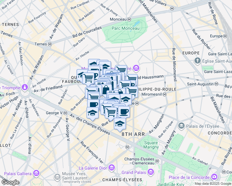 map of restaurants, bars, coffee shops, grocery stores, and more near 137 Rue du Faubourg Saint-Honoré in Paris