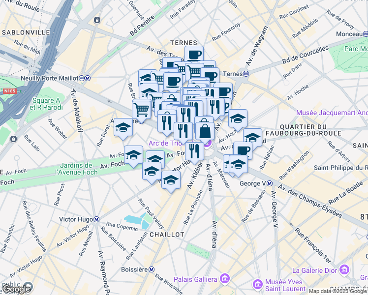 map of restaurants, bars, coffee shops, grocery stores, and more near 12 Rue de Presbourg in Paris