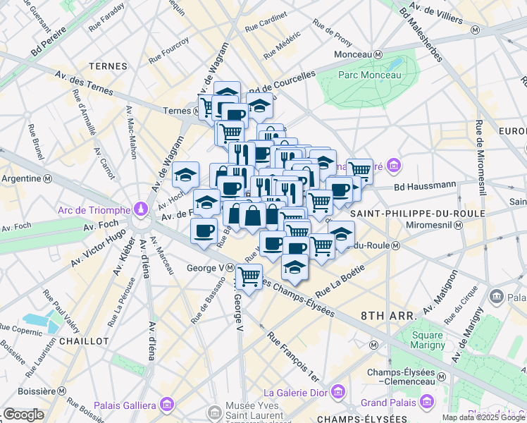 map of restaurants, bars, coffee shops, grocery stores, and more near 15 Rue Lamennais in Paris