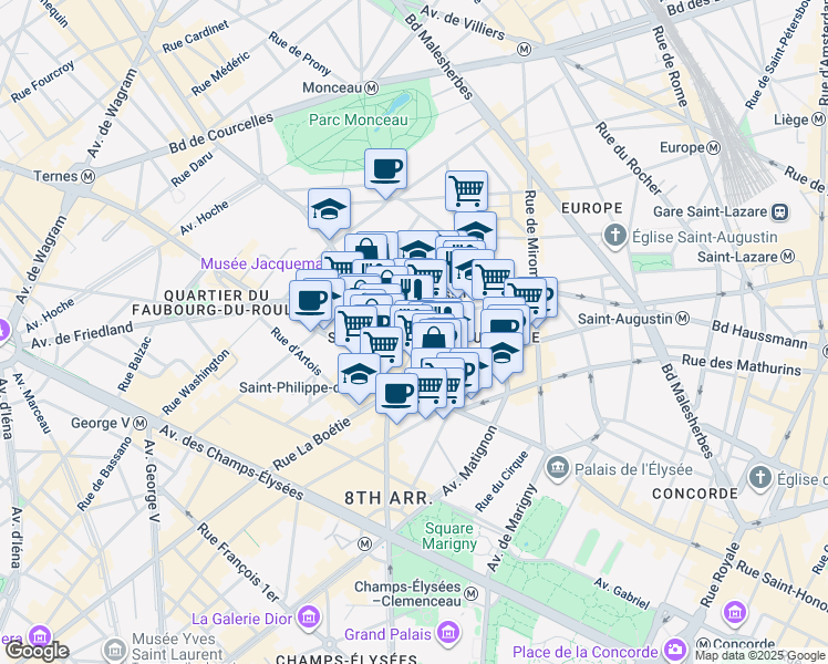 map of restaurants, bars, coffee shops, grocery stores, and more near in Paris