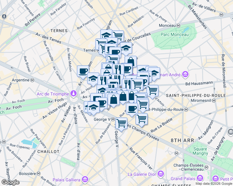 map of restaurants, bars, coffee shops, grocery stores, and more near Rue Balzac in Paris