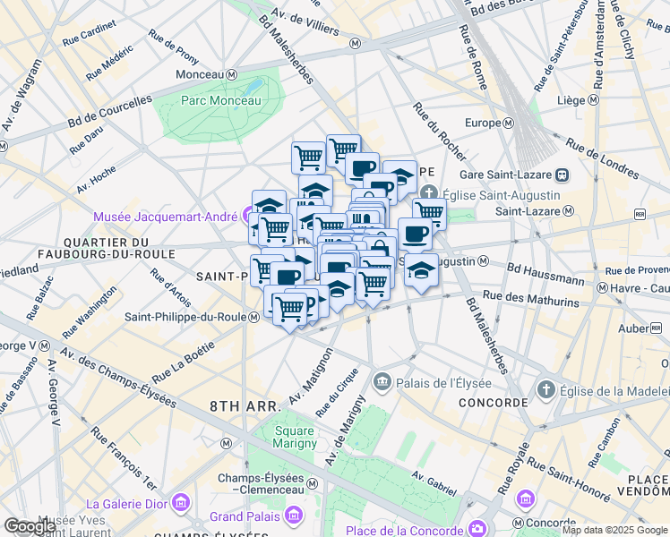 map of restaurants, bars, coffee shops, grocery stores, and more near Avenue Percier in Paris