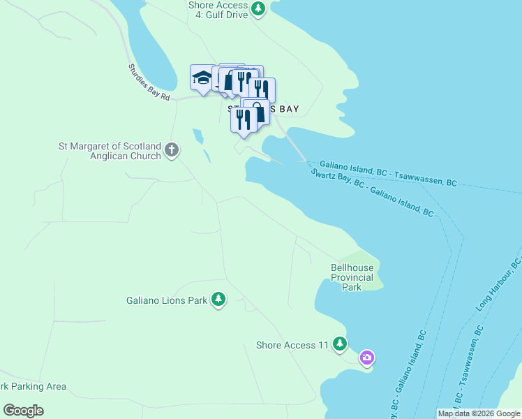 map of restaurants, bars, coffee shops, grocery stores, and more near 221 Jack Road in Mayne Island