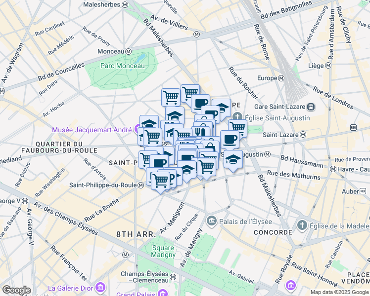 map of restaurants, bars, coffee shops, grocery stores, and more near Avenue Percier in Paris