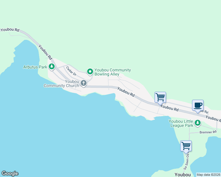 map of restaurants, bars, coffee shops, grocery stores, and more near 10584 Youbou Road in Youbou