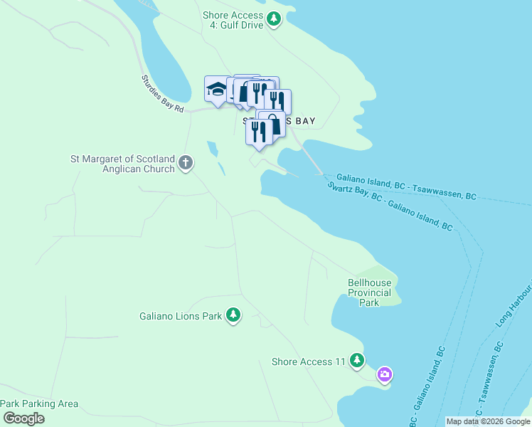 map of restaurants, bars, coffee shops, grocery stores, and more near 221 Jack Road in Mayne Island