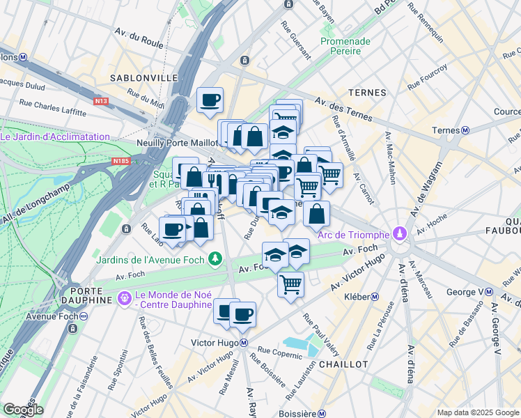 map of restaurants, bars, coffee shops, grocery stores, and more near 28 Rue Duret in Paris
