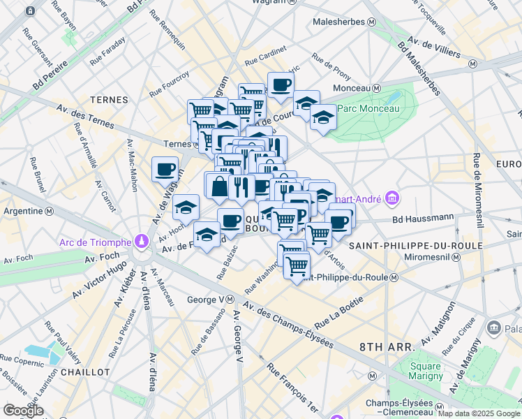 map of restaurants, bars, coffee shops, grocery stores, and more near 21 Rue Balzac in Paris