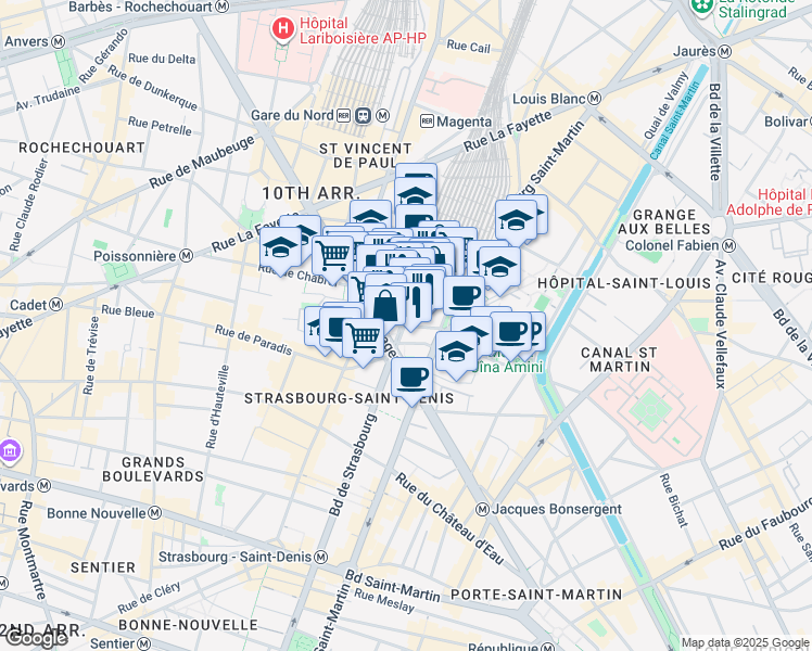 map of restaurants, bars, coffee shops, grocery stores, and more near in Paris