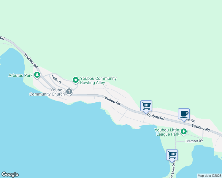 map of restaurants, bars, coffee shops, grocery stores, and more near Cypress Road in Youbou