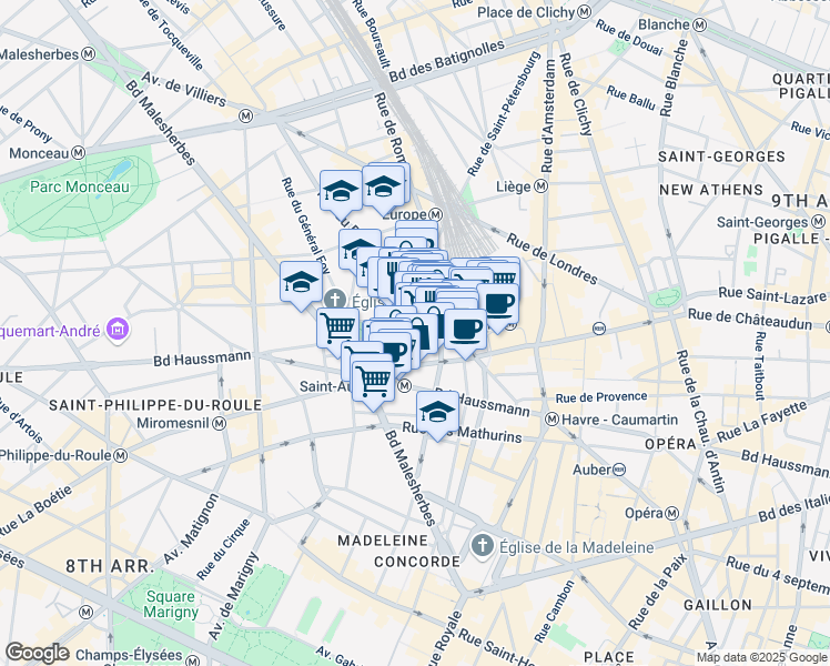 map of restaurants, bars, coffee shops, grocery stores, and more near 8 Rue de Laborde in Paris