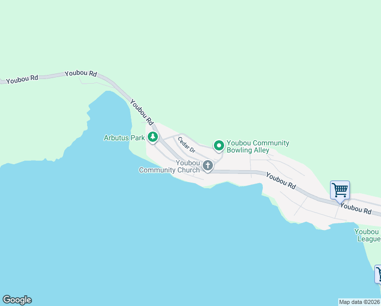 map of restaurants, bars, coffee shops, grocery stores, and more near 10668 Cedar Drive in Youbou