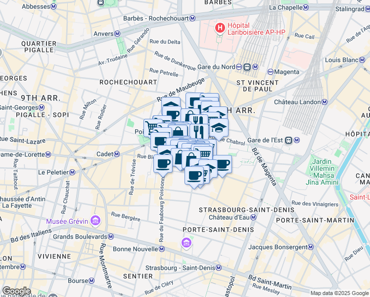 map of restaurants, bars, coffee shops, grocery stores, and more near 10 Rue des Messageries in Paris