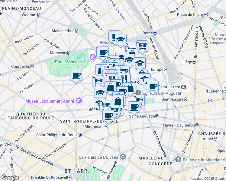 map of restaurants, bars, coffee shops, grocery stores, and more near 4 Rue Treilhard in Paris