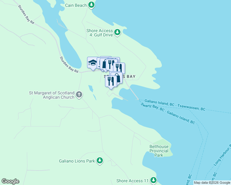map of restaurants, bars, coffee shops, grocery stores, and more near 134 Madrona Drive in Galiano Island