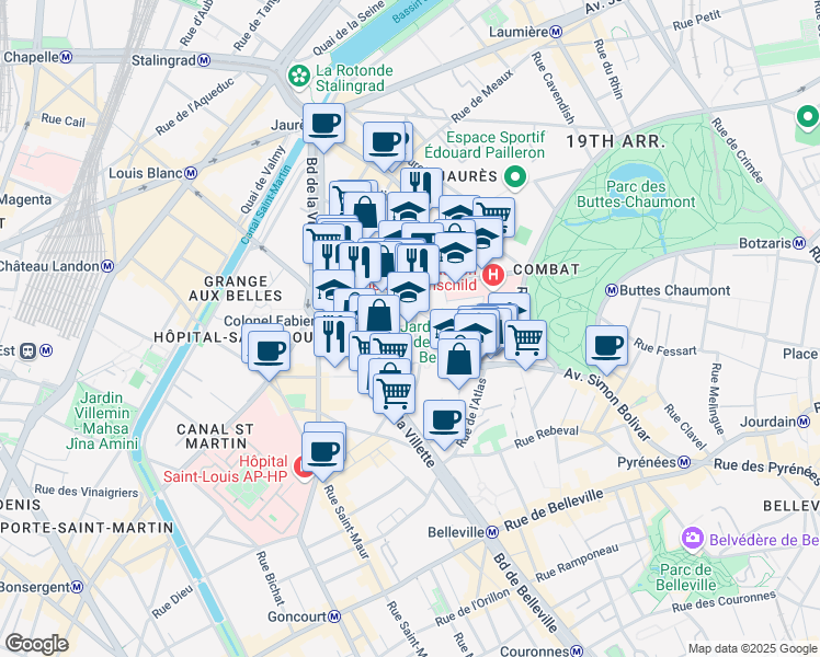 map of restaurants, bars, coffee shops, grocery stores, and more near 97 Avenue Simon Bolivar in Paris