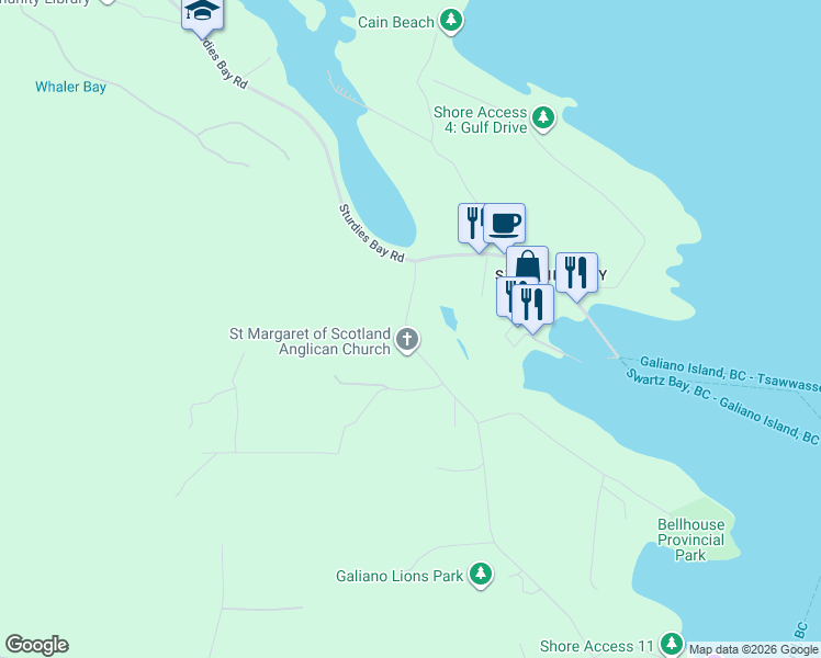 map of restaurants, bars, coffee shops, grocery stores, and more near 193 Burrill Road in Mayne Island