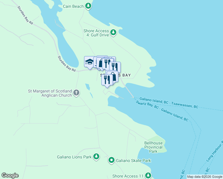 map of restaurants, bars, coffee shops, grocery stores, and more near 134 Madrona Drive in Galiano Island