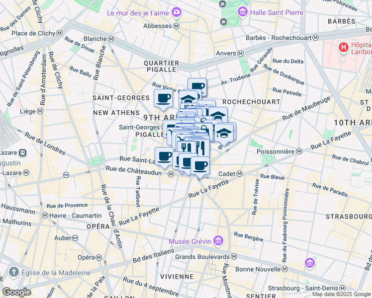map of restaurants, bars, coffee shops, grocery stores, and more near 9 Rue des Martyrs in Paris