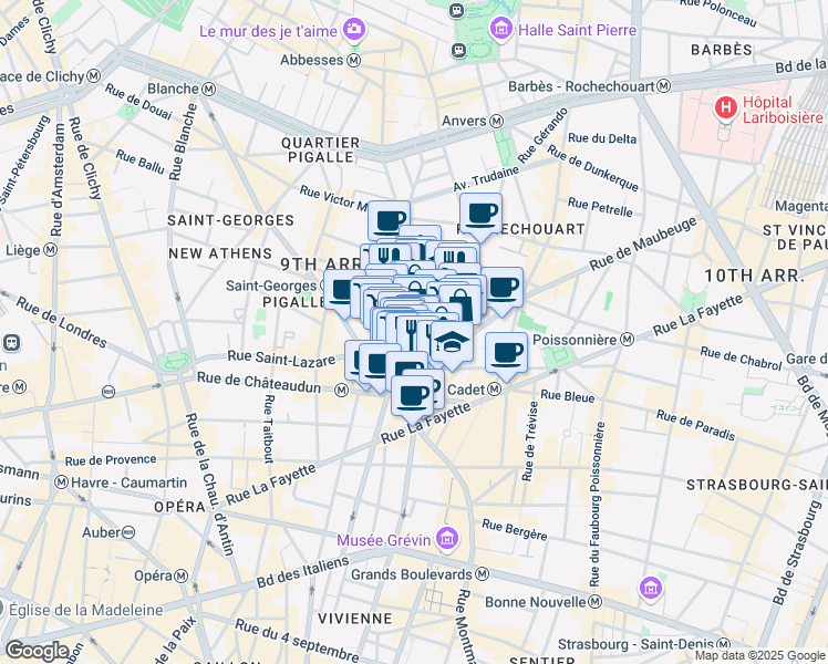 map of restaurants, bars, coffee shops, grocery stores, and more near 9 Rue Choron in Paris