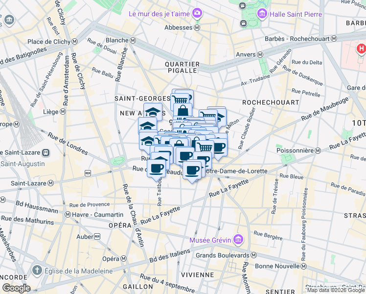 map of restaurants, bars, coffee shops, grocery stores, and more near 43 Rue Saint-Georges in Paris