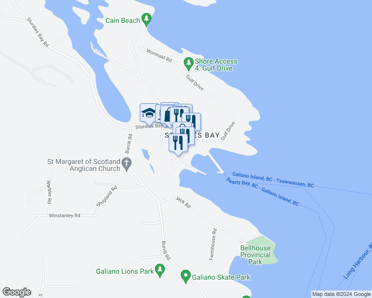 map of restaurants, bars, coffee shops, grocery stores, and more near 134 Madrona Drive in Galiano Island