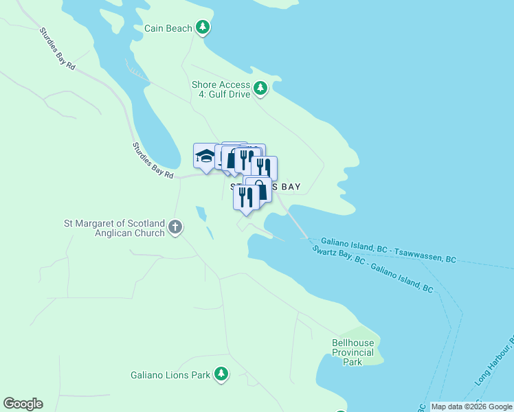 map of restaurants, bars, coffee shops, grocery stores, and more near 134 Madrona Drive in Galiano Island