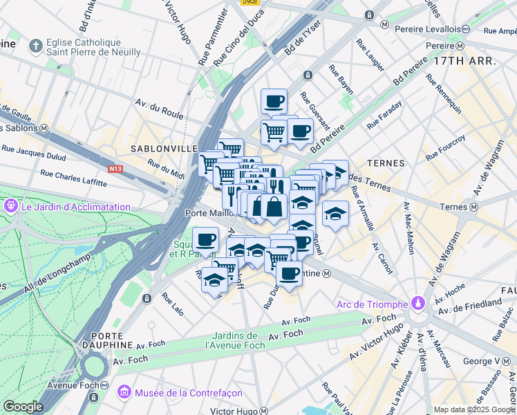 map of restaurants, bars, coffee shops, grocery stores, and more near 271 Boulevard Pereire in Paris