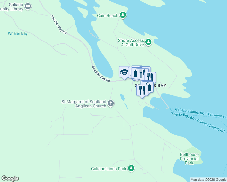 map of restaurants, bars, coffee shops, grocery stores, and more near 93 Burrill Road in Mayne Island