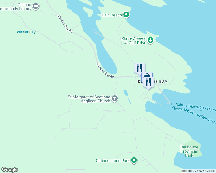map of restaurants, bars, coffee shops, grocery stores, and more near 93 Burrill Road in Mayne Island