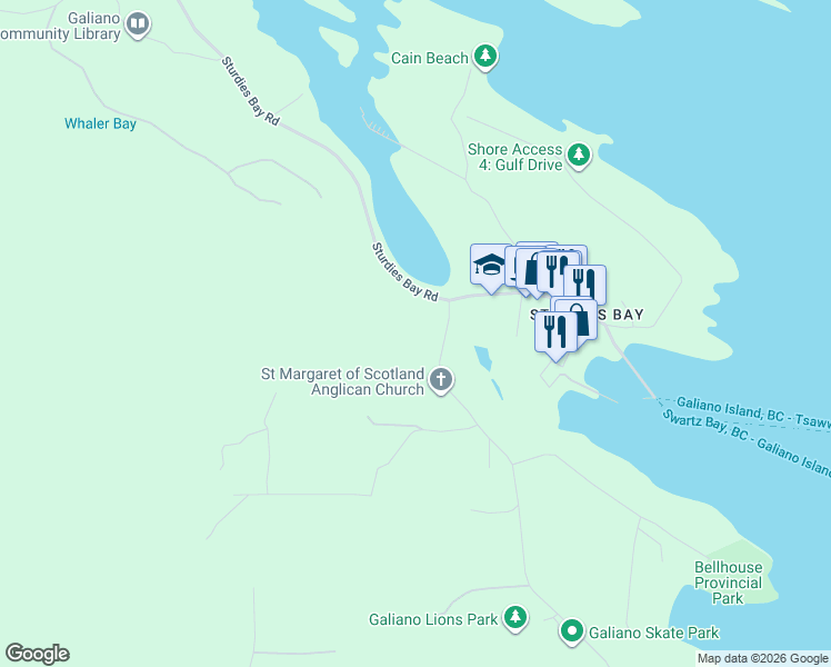 map of restaurants, bars, coffee shops, grocery stores, and more near 118 Burrill Road in Galiano Island