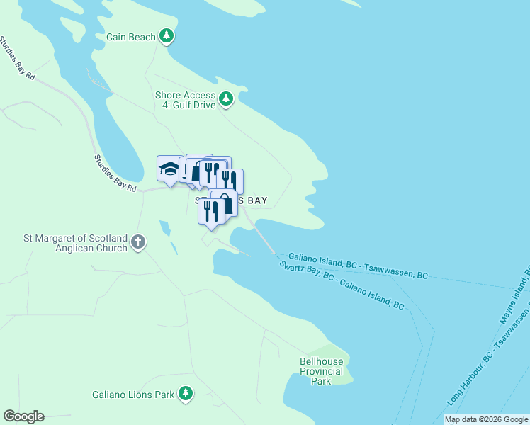 map of restaurants, bars, coffee shops, grocery stores, and more near 214 Gulf Drive in Galiano Island